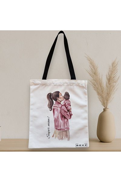 BEKZ Textile Bag With Zipper, Tote Bag, Super Mom 2 Model, 38x34.5 Cm, ​​White, ®