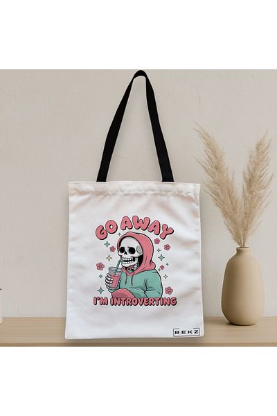 BEKZ Textile Bag With Zipper, Tote Bag, Go Away I’m Introverting Model 38 X 34.5 Cm, ​​White, ®