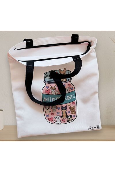 BEKZ Textile Bag With Zipper, Tote Bag, Anti Depressant Doggos Pattern 38 X 34.5 Cm, ​​White, ®