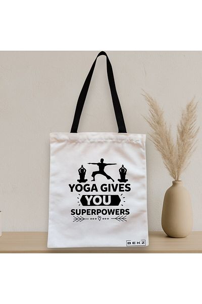 BEKZ Sacosa Textila Cu Fermoar, Geanta Tote Yoga Gives You Super Powers, 38x34.5 Cm, Alba, ®