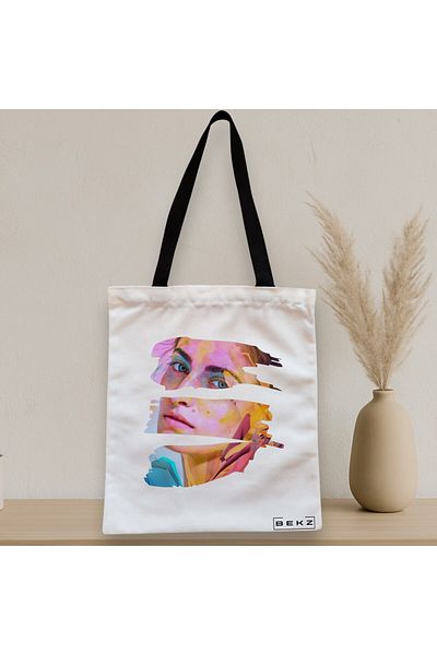 BEKZ Sacosa Textila Cu Fermoar, Geanta Tote, Model Fragmented Art, 38x34.5 Cm, Alba, ®