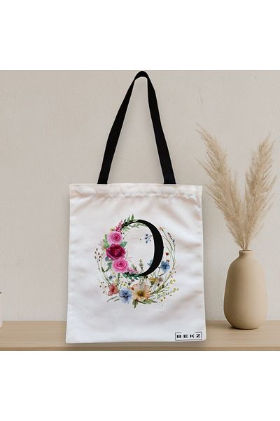 BEKZ Sacosa Textila Cu Fermoar, Geanta Tote, Cu Litera O In Coronita Florala, 38x34.5 Cm, Alba, ®
