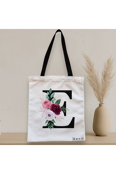 BEKZ Sacosa Textila Cu Fermoar, Geanta Tote, Cu Litera E Si Trandafiri, 38x34.5 Cm, Alba, ®