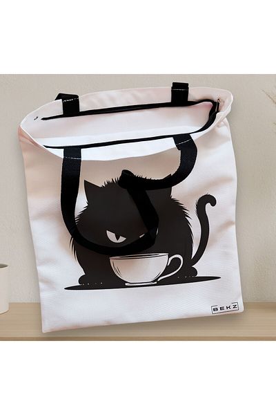 BEKZ Sacosa Textila Cu Fermoar, Geanta Tote, Model Caffeine Cat 27 38 X 34.5 Cm, Alb, ®