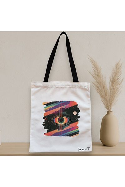 BEKZ Sacosa Textila Cu Fermoar, Geanta Tote, Model Celestial Eye 11, 38x34.5 Cm, Alba, ®