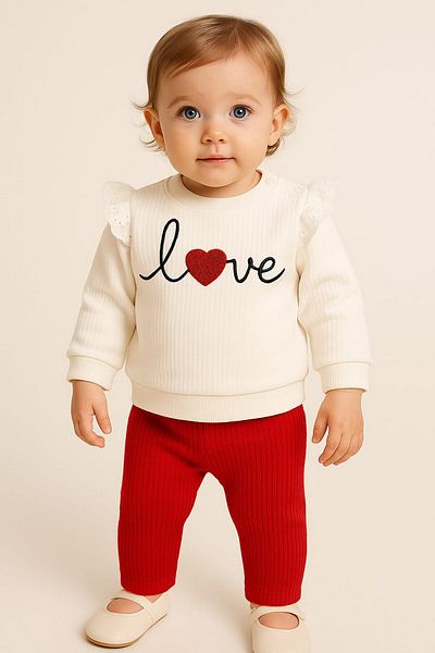 dinamik çocuk Baby Girl/Child Love Heart Embroidered Shoulder Set - 2-Piece Top and Bottom Seasonal (Monthly 3-6-9-12)