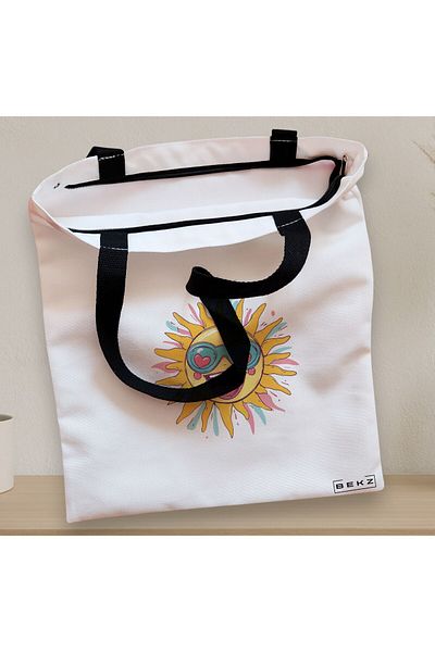 BEKZ Sacosa Textila Cu Fermoar, Geanta Tote, Model Sun Faces 19 38 X 34.5 Cm, Alb, ®