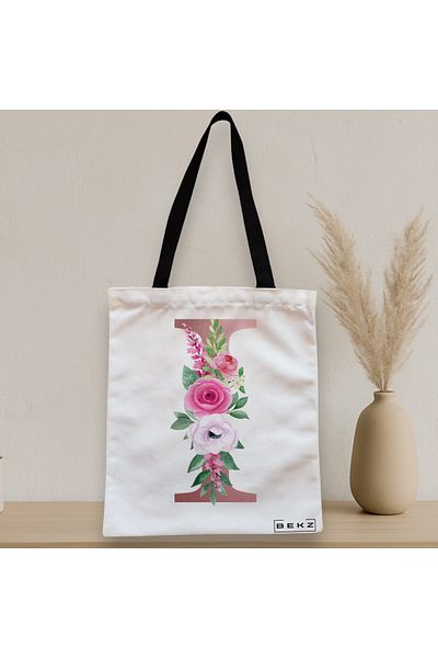 BEKZ Sacosa Textila Cu Fermoar, Geanta Tote, Cu Litera I Rose Gold Si Trandafiri, 38x34.5 Cm, Alba, ®