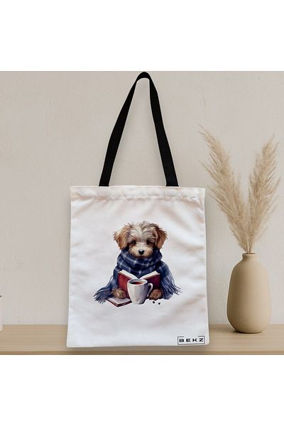 BEKZ Sacosa Textila Cu Fermoar, Geanta Tote, Model Reading Puppy 19 38 X 34.5 Cm, Alb, ®