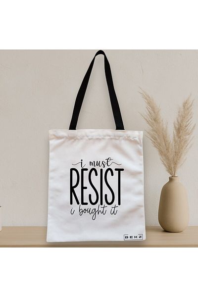 BEKZ Sacosa Textila Cu Fermoar, Geanta Tote, Model I Must Resist, I Bought It, 38x34.5 Cm, Alba, ®