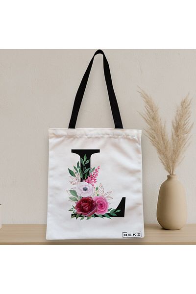 BEKZ Sacosa Textila Cu Fermoar, Geanta Tote, Cu Litera L Si Trandafiri, 38x34.5 Cm, Alba, ®