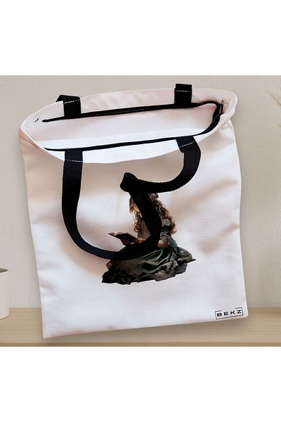 BEKZ Sacosa Textila Cu Fermoar, Geanta Tote, Model The Bookie Girl 19 38 X 34.5 Cm, Alb, ®