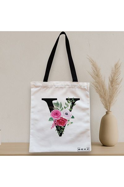 BEKZ Sacosa Textila Cu Fermoar, Geanta Tote, Cu Litera V Si Trandafiri, 38x34.5 Cm, Alba, ®