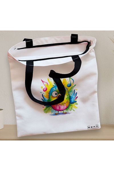 BEKZ Textile Bag With Zipper, Tote Bag, Singing Bird Splash Colors Model 38 X 34.5 Cm, ​​White, ®