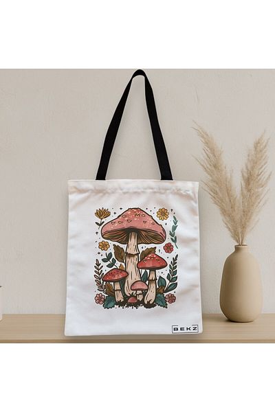 BEKZ Textile Bag With Zipper, Tote Bag Colorful Mushrooms 2, 38x34.5 Cm, ​​White, ®