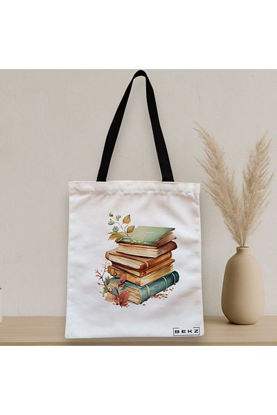 BEKZ Sacosa Textila Cu Fermoar, Geanta Tote, Model Pile Of Books, 38x34.5 Cm, Alba, ®