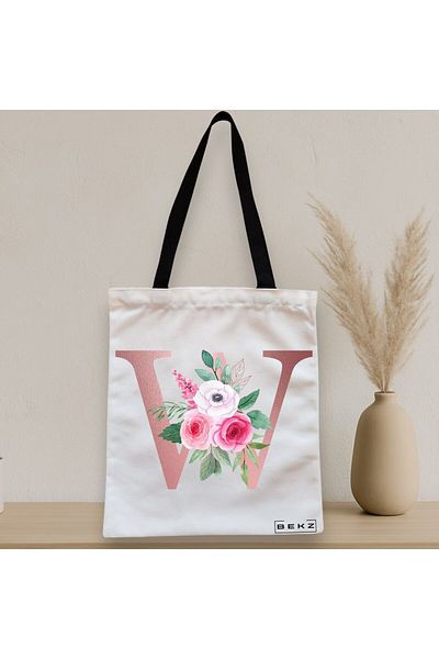 BEKZ Textile Bag With Zipper, Tote Bag, With Letter W Rose Gold And Roses, 38x34.5 Cm, ​​White, ®