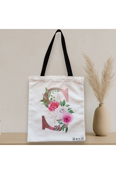 BEKZ Sacosa Textila Cu Fermoar, Geanta Tote, Cu Litera S Rose Gold Si Trandafiri, 38x34.5 Cm, Alba, ®
