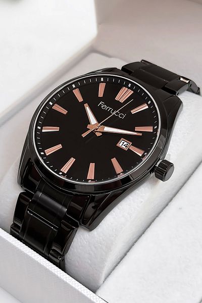 Ferrucci Men's Wristwatch with Calendar Steel Cord 3 Atm Water Resistant Bracelet Black with Gift Sdfer029
