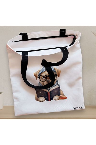 BEKZ Sacosa Textila Cu Fermoar, Geanta Tote, Model Reading Puppy 2 38 X 34.5 Cm, Alb, ®