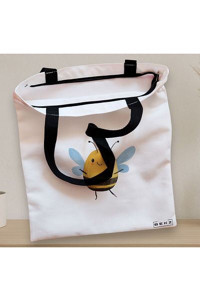 BEKZ Sacosa Textila Cu Fermoar, Geanta Tote, Model The Happy Bee 38 X 34.5 Cm, Alb, ®