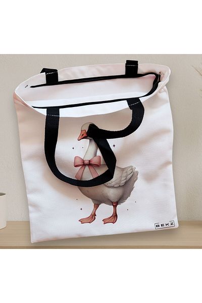 BEKZ Sacosa Textila Cu Fermoar, Geanta Tote, Model Silly Goose 8, 38 X 34.5 Cm, Alb, ®