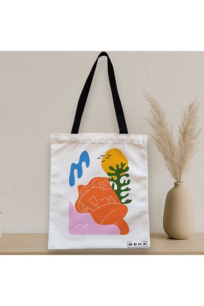 BEKZ Sacosa Textila Cu Fermoar, Geanta Tote, Model Abstract Connection, 38x34.5 Cm, Alba, ®