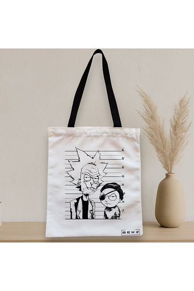 BEKZ Sacosa Textila Cu Fermoar, Geanta Tote, Model Rick And Morty, 38x34.5 Cm, Alba, ®