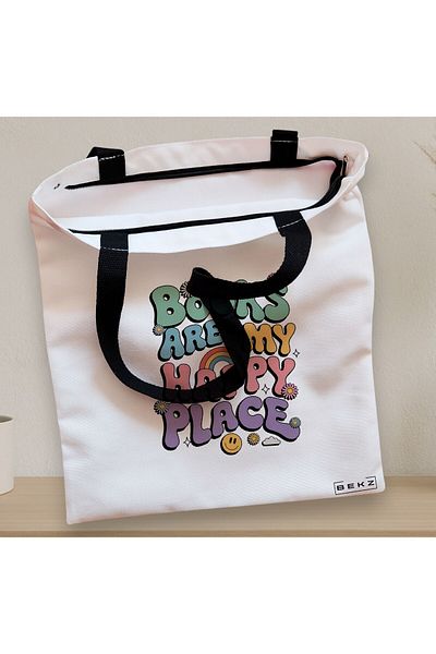 BEKZ Textile Bag With Zipper, Tote Bag, Books Are My Happy Place Model 38 X 34.5 Cm, ​​White, ®