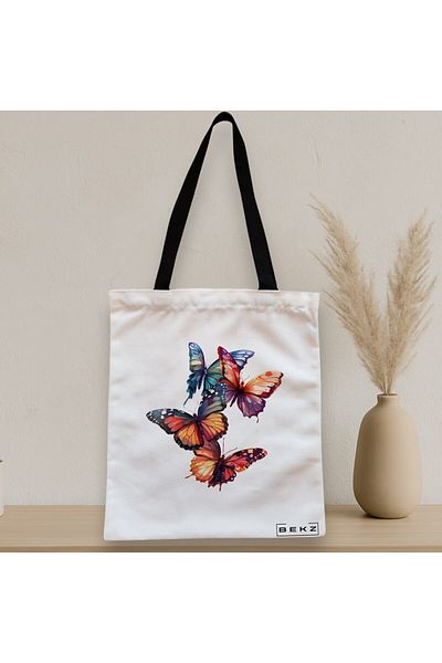 BEKZ Sacosa Textila Cu Fermoar, Geanta Tote, Model Artistic Butterflies 38 X 34.5 Cm, Alb, ®