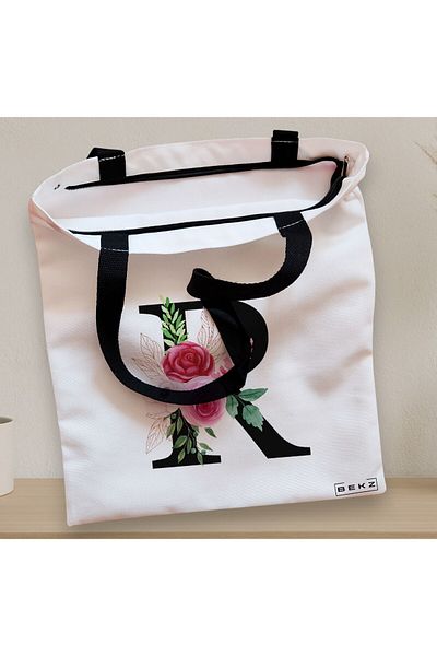 BEKZ Sacosa Textila Cu Fermoar, Geanta Tote, Cu Litera R Si Trandafiri, 38x34.5 Cm, Alba, ®