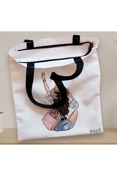 BEKZ Sacosa Textila Cu Fermoar, Geanta Tote Travel Girl 9, 38x34.5 Cm, Alba, ®
