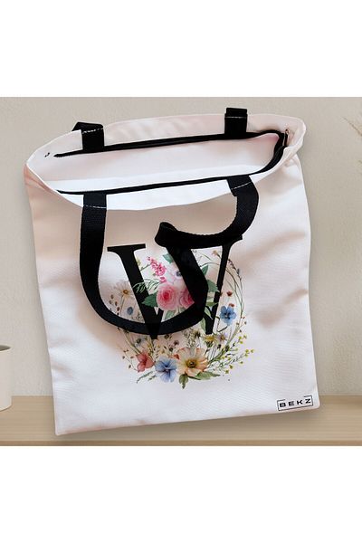 BEKZ Sacosa Textila Cu Fermoar, Geanta Tote, Cu Litera W In Coronita Florala, 38x34.5 Cm, Alba, ®