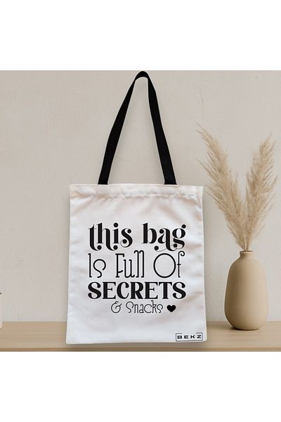 BEKZ Sacosa Textila Cu Fermoar, Geanta Tote, Model Full Of Secrects And Snacks 2, 38x34.5 Cm, Alba, ®