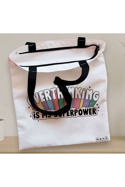 BEKZ Textile Bag With Zipper, Tote Bag, Overthinking Is My Superpower Model 38 X 34.5 Cm, ​​White, ®
