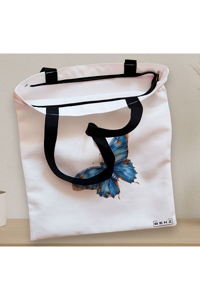 BEKZ Sacosa Textila Cu Fermoar, Geanta Tote, Model Artistic Butterflies 3 38 X 34.5 Cm, Alb, ®
