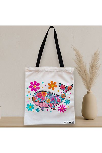 BEKZ Sacosa Textila Cu Fermoar, Geanta Tote, Model Fish Flower, 38 X 34.5 Cm, Alb, ®