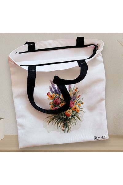 BEKZ Sacosa Textila Cu Fermoar, Geanta Tote, Model Flower Bouquet 2, 38 X 34.5 Cm, Alb, ®