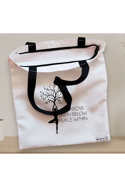 BEKZ Sacosa Textila Cu Fermoar, Geanta Tote Yoga Sky Above Earth Peace Within, 38x34.5 Cm, Alba, ®