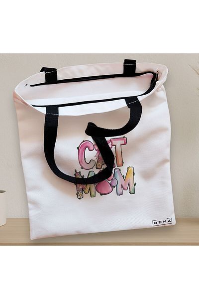 BEKZ Sacosa Textila Cu Fermoar, Geanta Tote, Model Cat Mom 2 38 X 34.5 Cm, Alb, ®