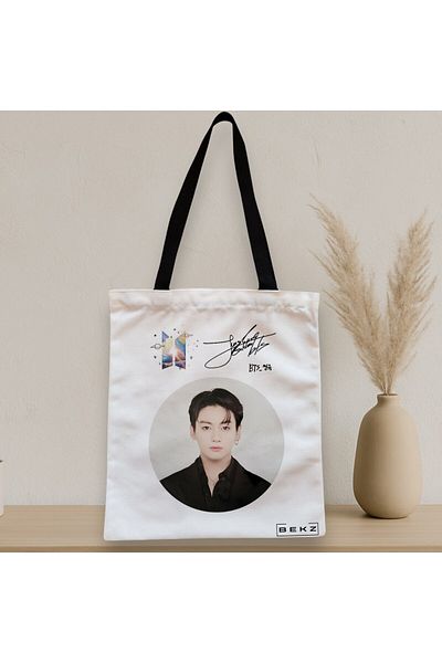 BEKZ Sacosa Textila Cu Fermoar, Geanta Tote, Model Bts Jungkook, 38x34.5 Cm, Alba, ®