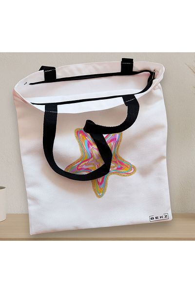 BEKZ Textile Bag With Zipper, Tote Bag, Glitter Star Pattern, 38 X 34.5 Cm, ​​White, ®