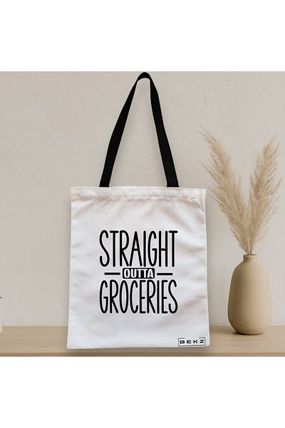 BEKZ Textile Bag With Zipper, Tote Bag, Straight Outta Groceries Model, 38x34.5 Cm, ​​White, ®