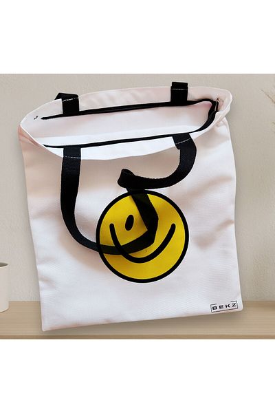 BEKZ Sacosa Textila Cu Fermoar, Geanta Tote, Model Happy Smile, 38x34.5 Cm, Alba, ®