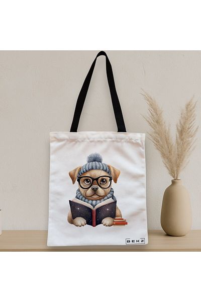 BEKZ Sacosa Textila Cu Fermoar, Geanta Tote, Model Reading Puppy 2 38 X 34.5 Cm, Alb, ®