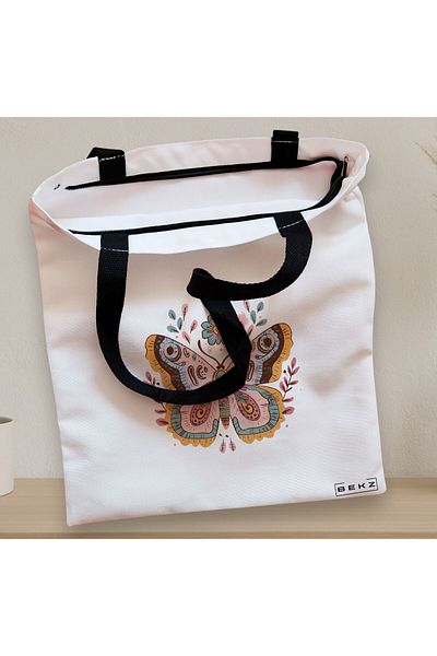 BEKZ Textile Bag With Zipper, Flower Butterfly Tote Bag, 38x34.5 Cm, ​​White, ®