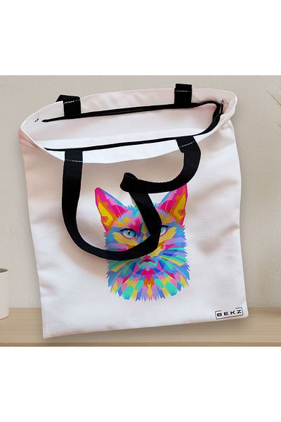 BEKZ Textile Bag With Zipper, Tote Bag, Colorful Geometric Cat Pattern, 38x34.5 Cm, ​​White, ®
