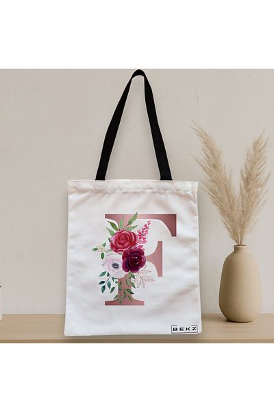 BEKZ Textile Bag With Zipper, Tote Bag, With Letter F Rose Gold And Roses, 38x34.5 Cm, ​​White, ®