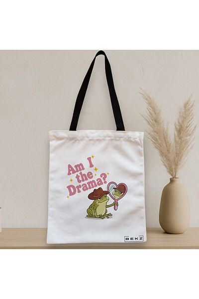 BEKZ Zippered Textile Bag, Tote Bag, Pattern And I Am The Drama? 38 X 34.5 Cm, ​​White, ®