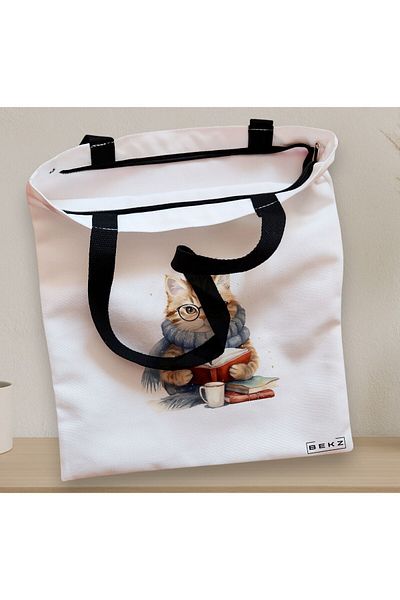 BEKZ Textile Bag With Zipper, Tote Bag, Reading Cat 2 Model 38 X 34.5 Cm, ​​White, ®
